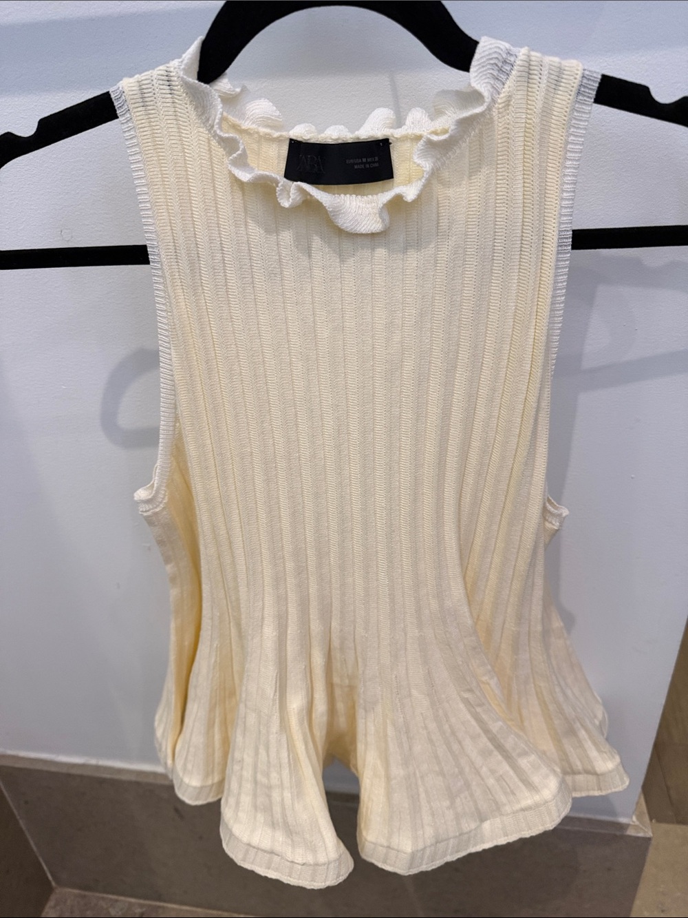 Zara Cream Ribbed Sleeveless Top with Ruffle Neck